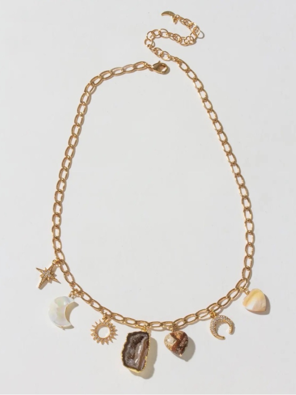 A390. Luna Norte Jasper Sky Charm Necklace White, Cream & Brown Stone Accents